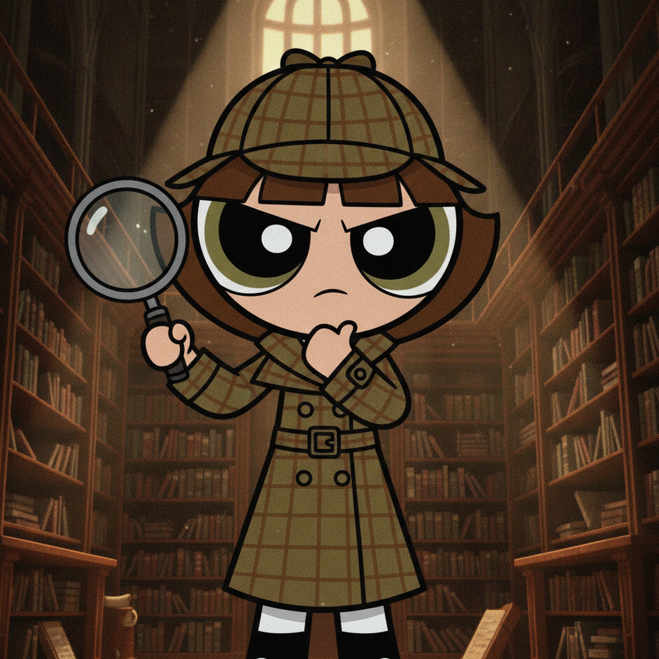 Brown-haired girl in plaid deerstalker hat and trench coat holds magnifying glass, chin in hand, standing between towering bookshelves under spotlight, evoking mystery detective vibe.
