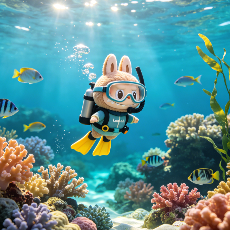 Labubu in blue diving suit, mask, and flippers swims among coral reefs surrounded by colorful tropical fish; sunlight filters from above, creating dreamy underwater scene.