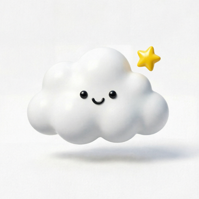 Fluffy white cloud with black dot eyes and smiling mouth, yellow star floating to upper right; 3D cartoon style on white background.