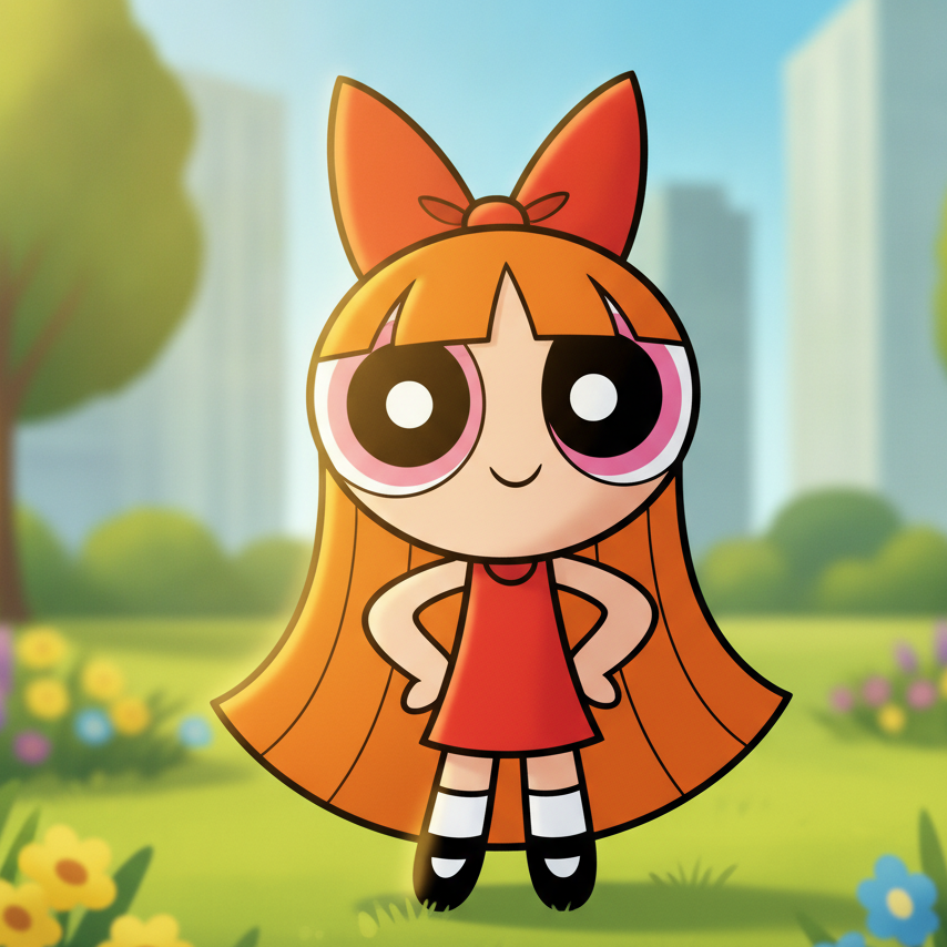 Blossom with orange hair and large bow stands confidently in a sunny park, hands on hips, wearing red dress; blurred city skyline and colorful flowers in background highlight her leadership and energy.