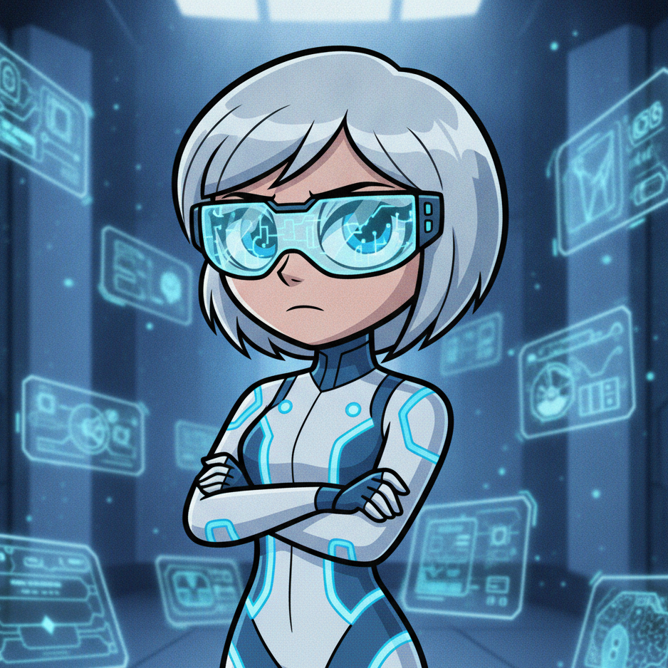 Silver-haired girl with blue tech goggles and glowing white-blue suit stands arms-crossed amid holographic data panels, focused expression, embodying futuristic sci-fi aesthetic.