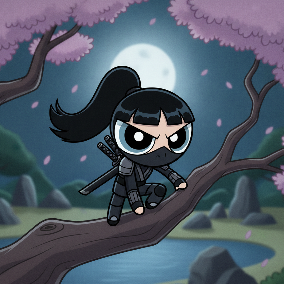 Black-haired ninja girl with mask and dual swords crouches on cherry blossom branch under moonlight, fierce eyes, blending Eastern martial arts mystique with floral serenity.