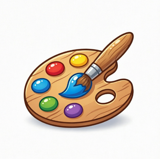 Wooden artist’s palette with red, yellow, blue, green, and purple paint blobs; a wooden-handled brush dipped in blue paint rests diagonally on it, cartoon style on white background.