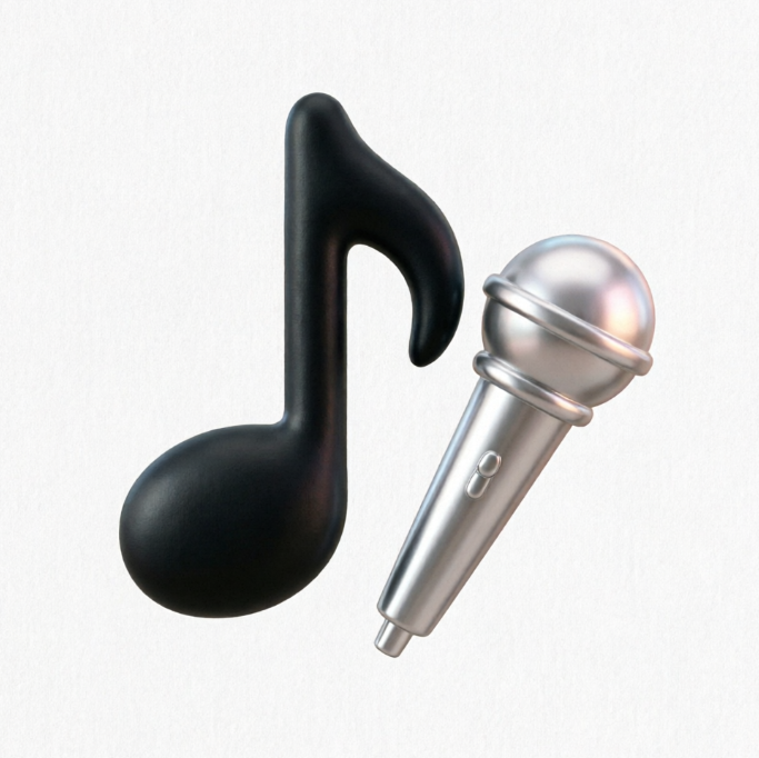 A black 3D eighth note on the left and a silver vintage microphone on the right, floating side-by-side on a white background with smooth plastic or metal texture.