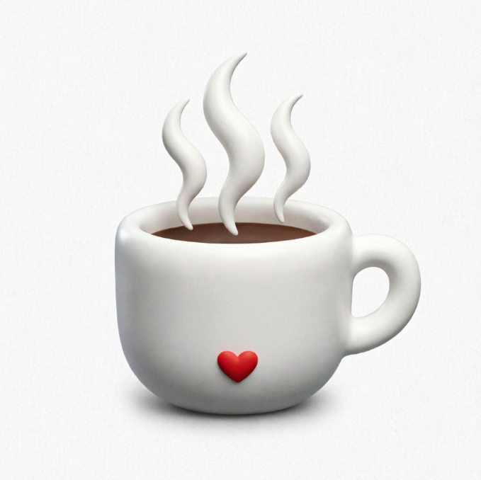 White ceramic coffee cup filled with dark brown hot beverage, three wavy steam lines rising from top, small red heart on front; 3D rendered style on white background.