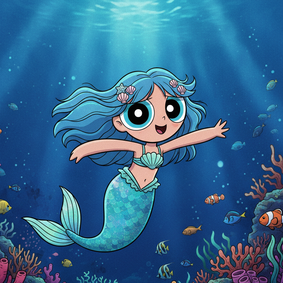 Blue-haired mermaid Bubbles with shell accessories and shimmering tail swims joyfully among coral and fish, sunlight filtering from above, evoking magical underwater fantasy.