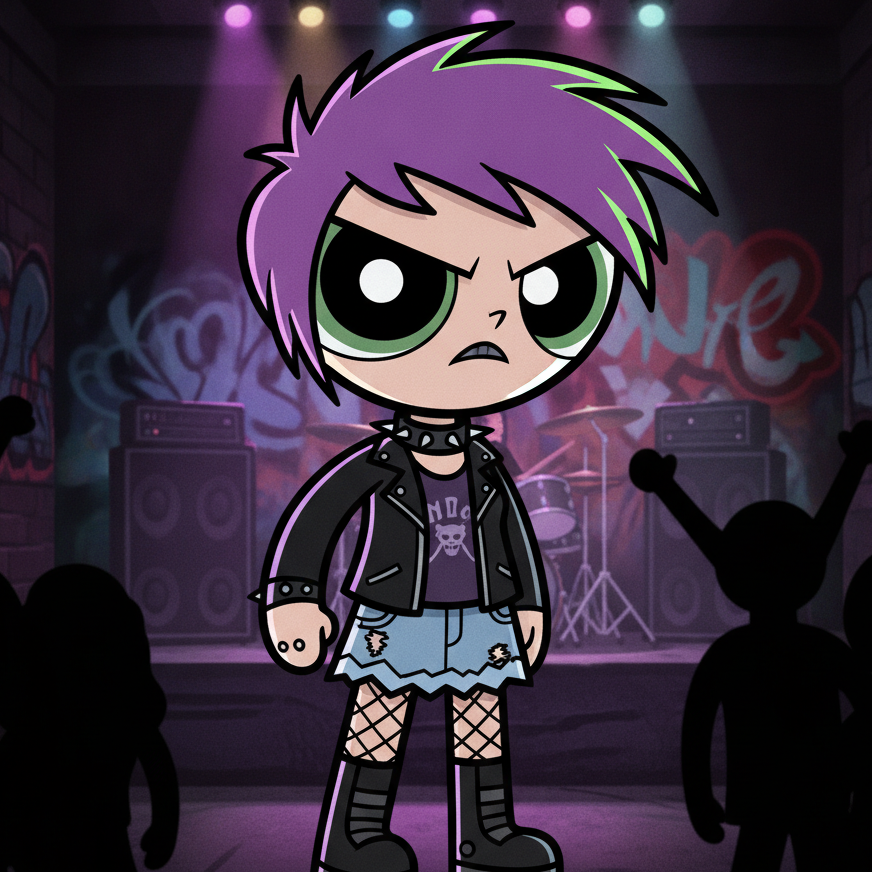Buttercup with purple-green streaked hair stands on graffiti stage in leather jacket and ripped skirt, sharp gaze; drum kit and crowd silhouettes reinforce punk rock attitude.