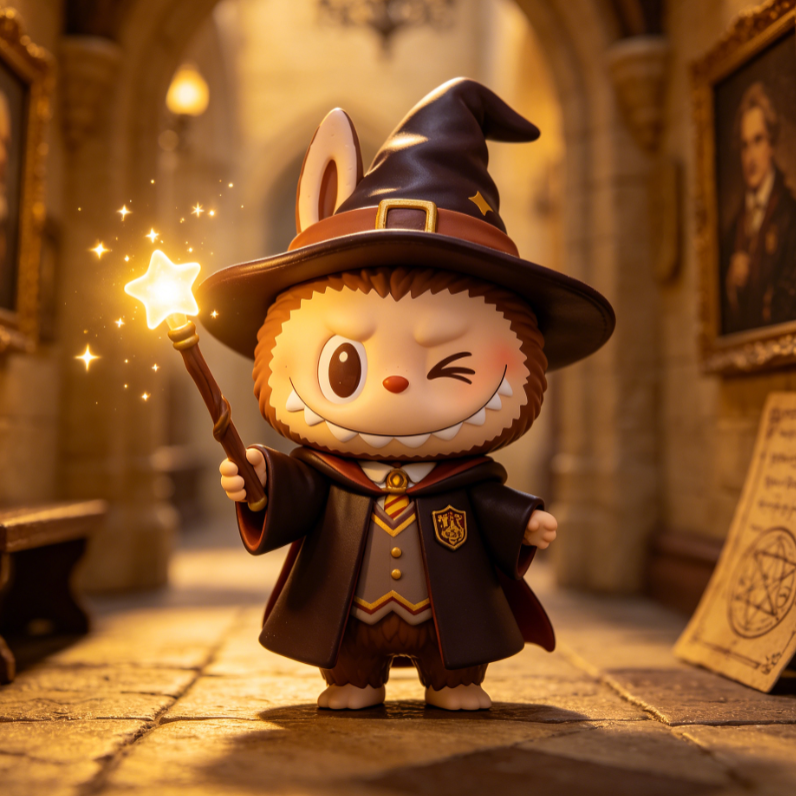 Labubu in dark wizard robe and pointed hat holds glowing star wand, winking one eye; stone arch corridor and framed portraits in background create magical academy vibe.