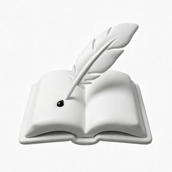 A white 3D open book with a white quill pen standing on the page and a drop of black ink at the tip; minimalist white relief style.