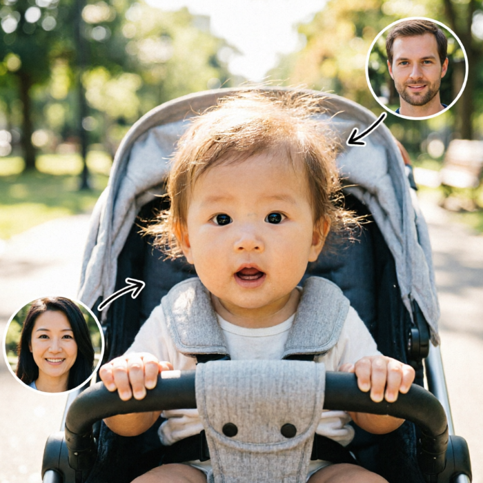 Mixed-race baby in gray stroller gazes wide-eyed; circular portraits of Caucasian father (top right) and Asian mother (bottom left), arrows point from parents to child emphasizing cross-racial inheritance.