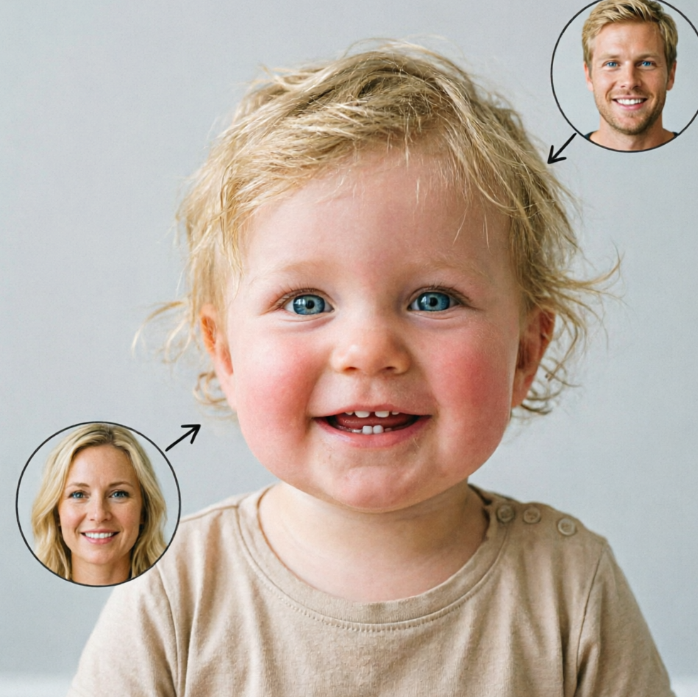 Blonde curly-haired toddler with bright blue eyes smiles widely showing two baby teeth; circular portraits of blonde blue-eyed mother (bottom left) and father (top right), with black arrows pointing from parents to child’s head highlighting trait inheritance.