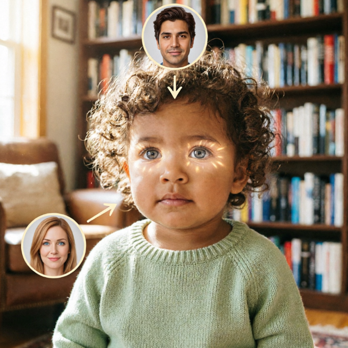 Curly-haired blue-eyed toddler in light green sweater gazes intently at camera; circular portraits of brown-haired blue-eyed mother (bottom left) and dark brown-haired father (top right), with yellow arrows pointing from parents to child’s head highlighting mixed-race trait fusion.