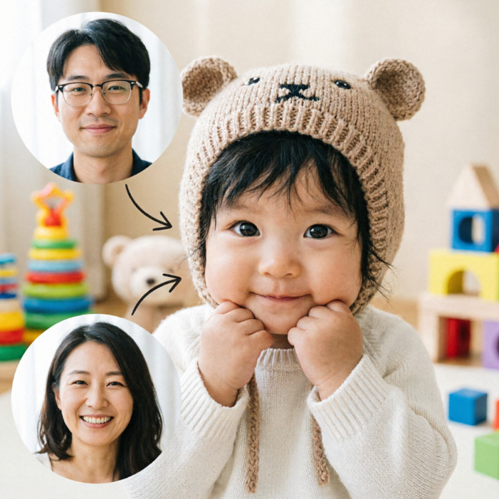 Asian baby girl in beige knitted bear-ear hat smiles with hands under chin; circular portraits of bespectacled father (top left) and smiling mother (bottom left), black arrows point from parents to baby indicating inherited traits.
