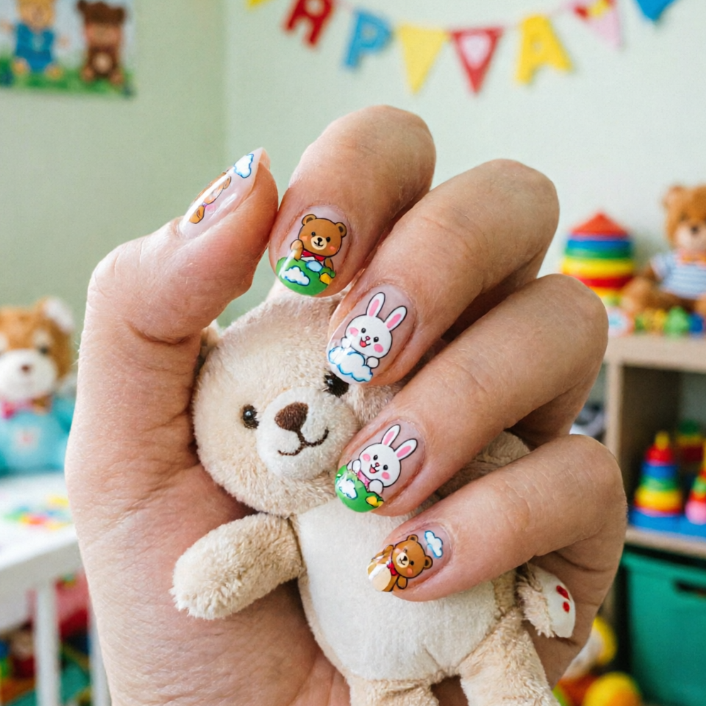 Hand holding a plush teddy bear; nails feature cartoon brown bears and white rabbits with green grass and blue clouds; background has colorful “HAPPY” banner and toy shelf, evoking playful childhood joy.