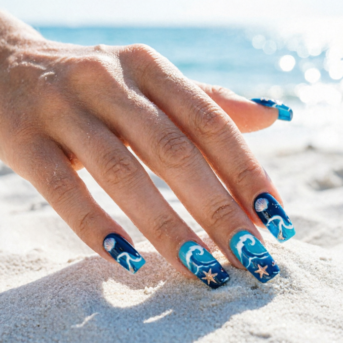Hand on sandy beach; nails in deep blue with white waves, golden starfish, and seashells; shimmering sea in background evokes summer seaside vacation vibe.