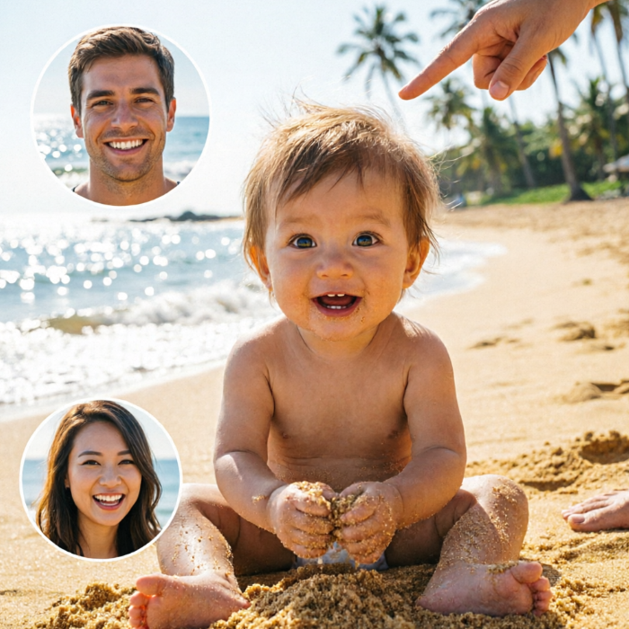 Shirtless mixed-race baby plays with sand on beach; circular portraits of smiling father (top left) and laughing mother (bottom left), finger points to child highlighting trait inheritance.