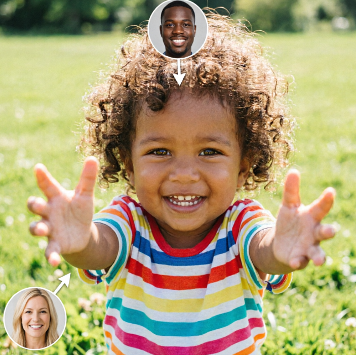 Curly-haired dark-skinned toddler runs with arms wide on grass wearing rainbow-striped T-shirt, beaming smile; circular portraits of blonde mother (bottom left) and black-haired father (top right), with white arrows pointing from parents to child’s head showing inherited traits under natural sunlight.