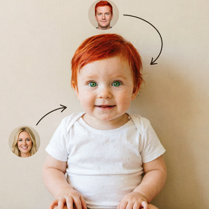 Red-haired green-eyed infant in white short-sleeve shirt smiles directly at camera; circular portraits of blonde mother (bottom left) and red-haired father (top right), with black arrows pointing from parents to baby’s head emphasizing dominant red hair and green eye inheritance.
