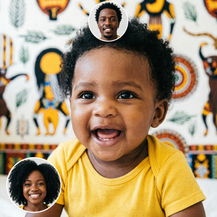 Dark-skinned infant with dense curly hair in yellow T-shirt laughs openly showing gums; circular portraits of curly-haired mother (bottom left) and father (top right), no arrows but composition implies genetic link, against African-style wallpaper background.