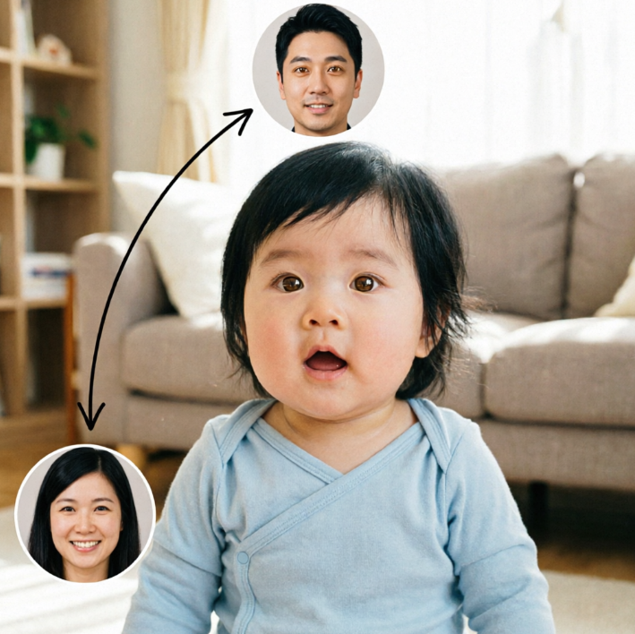 Black-haired baby girl in light blue onesie sits on living room rug with surprised open-mouth expression; circular portrait of smiling black-haired mother at bottom left and father at top right, with black arrows pointing to baby’s head sides indicating inherited traits.