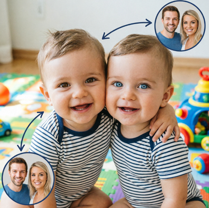 Twin boys in striped shirts sit side by side, one with brown eyes and one with blue; circular portraits of parents (top right and bottom left), blue arrows point from parents to children highlighting genetic diversity.