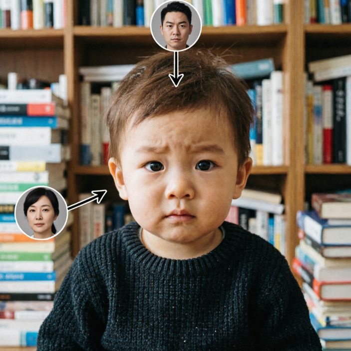 Toddler in dark green sweater frowns while gazing forward; circular portrait of serious father (top) and calm mother (bottom left), arrows point from parents to child showing inherited expression.