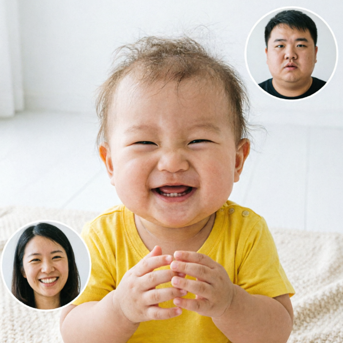Chubby baby in yellow shirt laughs heartily; circular portraits of round-faced father (top right) and smiling mother (bottom left), arrows point from parents to child highlighting trait inheritance.