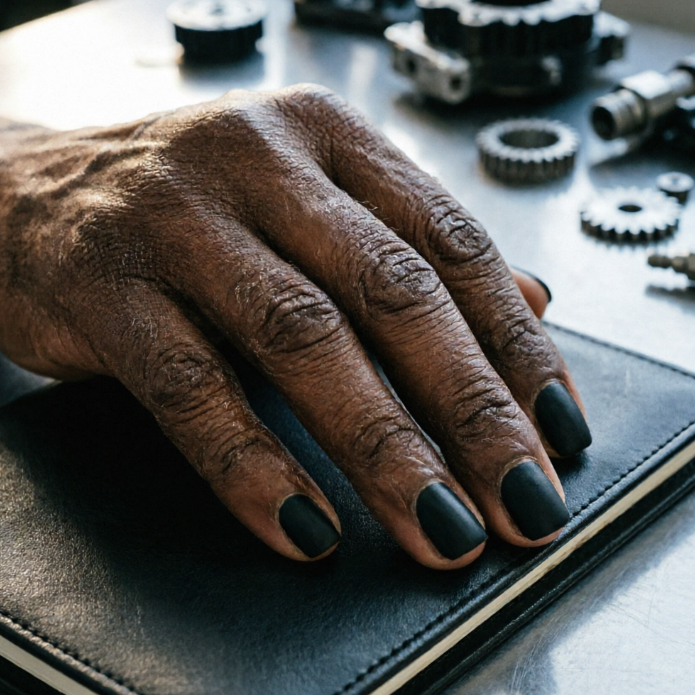 Dark-skinned hand with matte black nails rests on leather notebook; scattered mechanical gears in background convey industrial coolness.