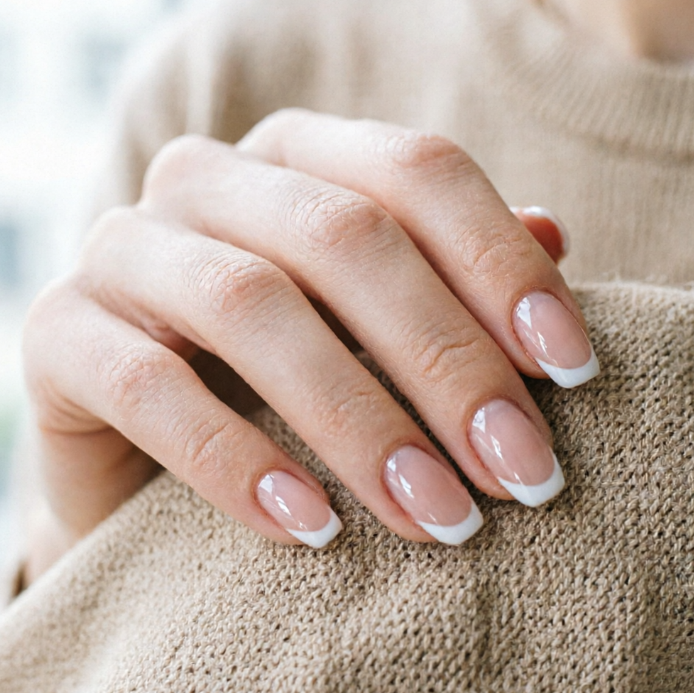 A hand with nude base and white French tip rests gently on beige knit sweater; nails are neatly shaped oval with soft sheen, exuding elegant sophistication.
