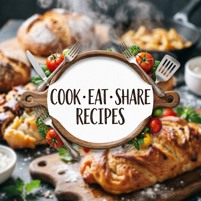 Freshly baked bread and vegetables rest on a wooden cutting board, with a white round sign reading "COOK · EAT · SHARE RECIPES" in the center. Decorated with cutlery and spatulas, it depicts a cozy home cooking scene.