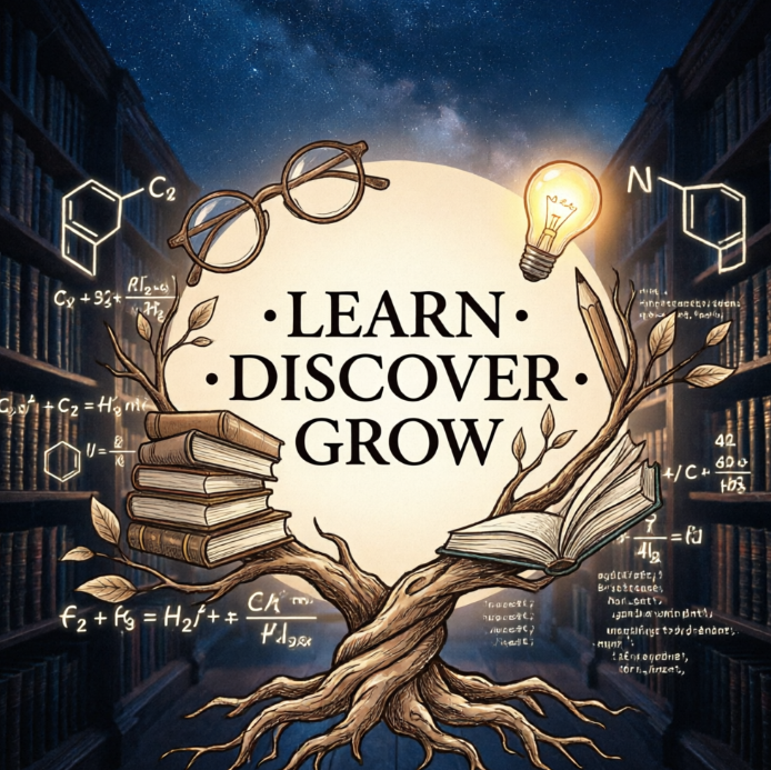 In a library under a starry sky, a "tree of wisdom" made of books and branches grows upward. Old books stack at the roots, with glasses and a glowing bulb near the canopy. The center reads "LEARN · DISCOVER · GROW", surrounded by floating chemical formulas and math equations, symbolizing knowledge accumulation.