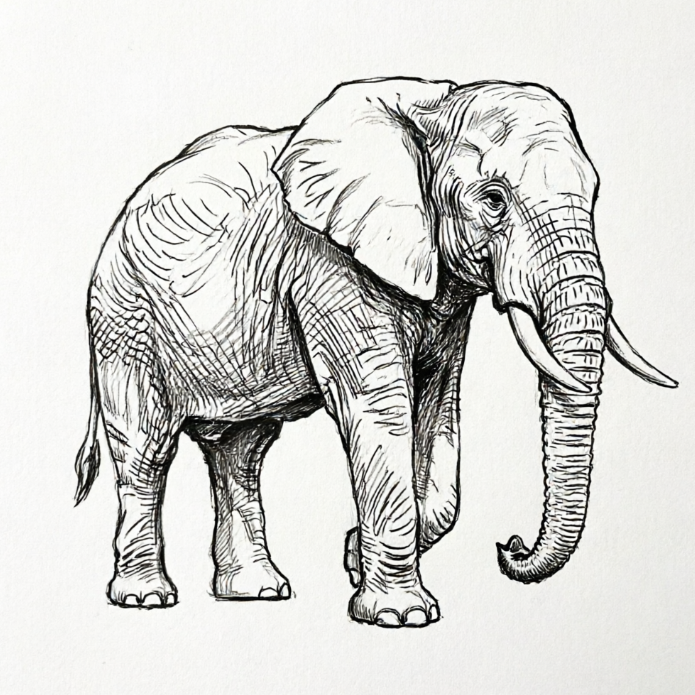 Detailed line sketch of an African elephant walking sideways, textured skin and tusks clearly rendered, powerful and alive.
