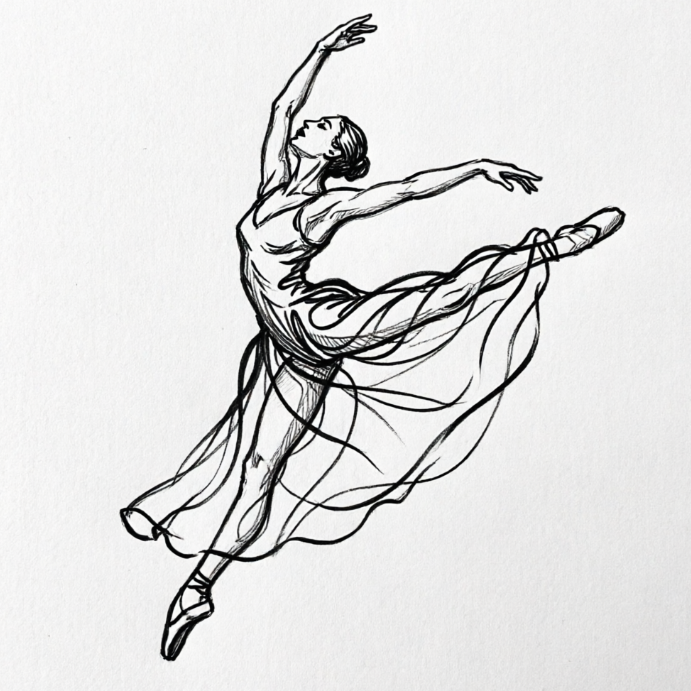 Black-and-white line drawing of a ballerina mid-leap, flowing skirt, graceful posture, artistic beauty and dynamic tension.