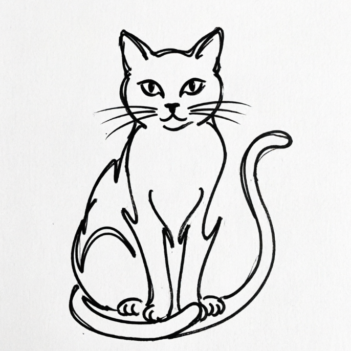 Black-and-white line drawing of a seated cat, upright ears, clear whiskers, gentle expression, cute and elegant form.