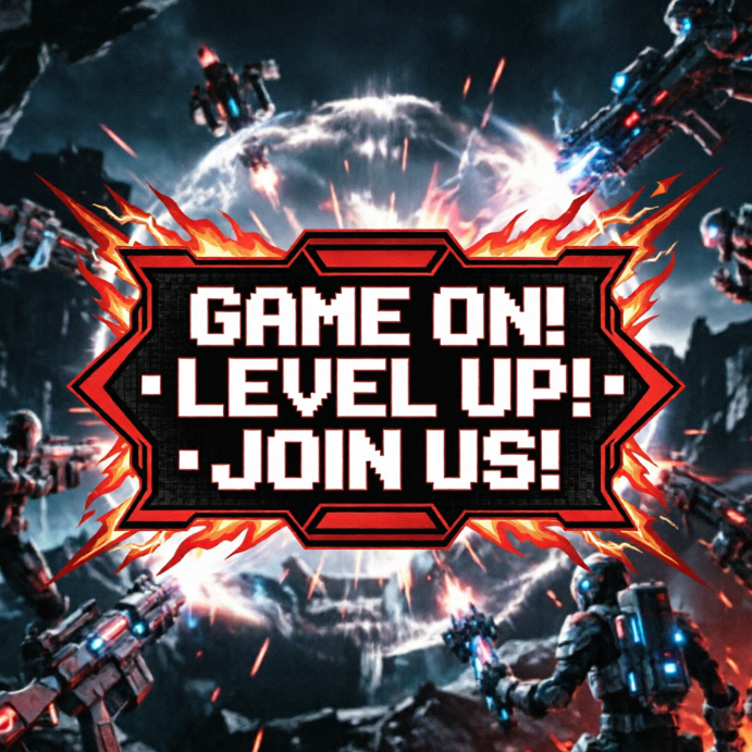 Amidst an intense space battlefield with warships weaving through explosions, a red and black badge with flame effects sits in the foreground. It features bold white pixel text "GAME ON! · LEVEL UP! · JOIN US!", delivering strong visual impact.