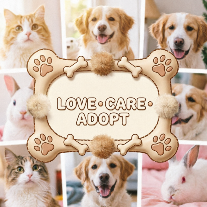 A nine-grid collage features cute close-ups of cats, dogs, and rabbits. In the center, a bone-shaped frame reads "LOVE · CARE · ADOPT", calling for care and adoption of pets.
