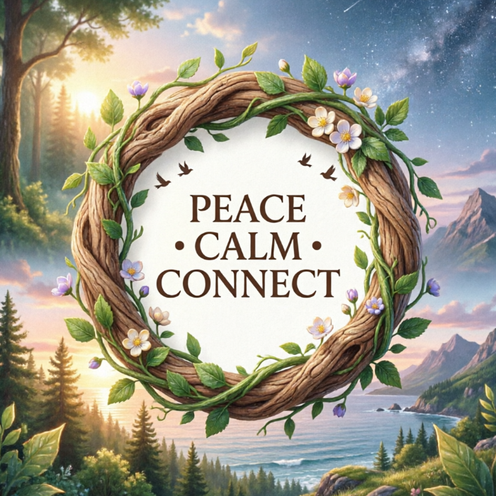 A circular wreath woven from vines, adorned with green leaves and small flowers, sits centrally with "PEACE · CALM · CONNECT" inside. The background shows a forest and lake at sunrise with flying birds, evoking tranquility and serenity.
