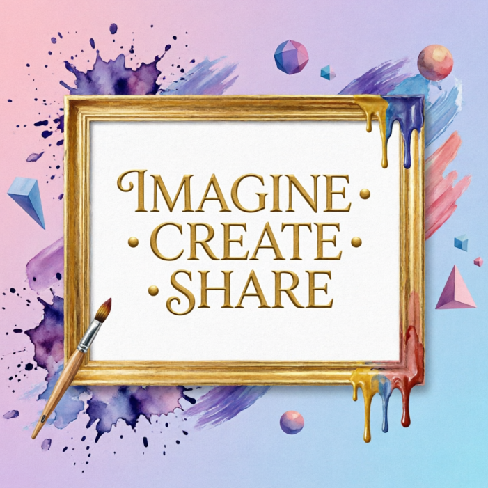 On a soft pink-blue gradient background, a golden frame sits centrally with elegant gold serif text reading "IMAGINE · CREATE · SHARE". Surrounded by splashed watercolors, floating geometric gems, and a paintbrush, it exudes artistic inspiration.