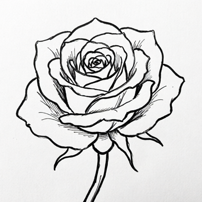 Black-and-white line drawing of a rose, layered petals, slender stem, refined and elegant form, romantic atmosphere.