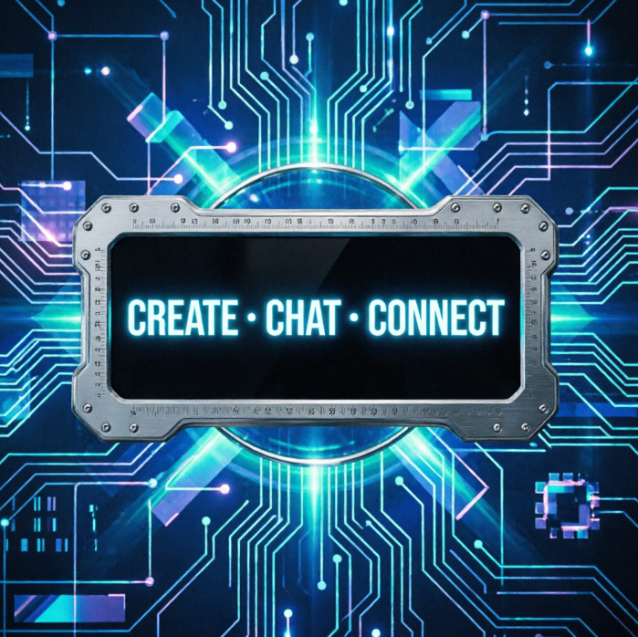 On a dark blue circuit board texture background, glowing cyan lines weave into a network. In the center is a black screen with a metal riveted border displaying bright white text "CREATE · CHAT · CONNECT", symbolizing digital connectivity.