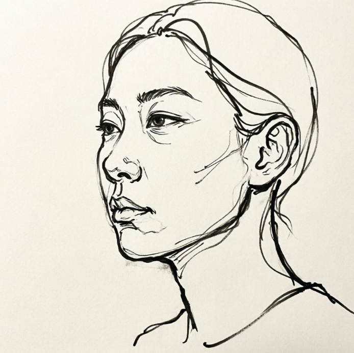 Black-and-white line sketch of a woman’s profile, hair pulled back, clear facial contours, focused gaze, minimalist yet expressive style.
