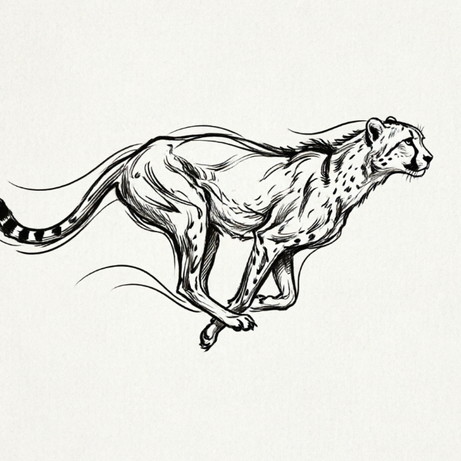 Black-and-white line drawing of a cheetah in full sprint, fluid muscle lines, extended tail, conveying motion and power.
