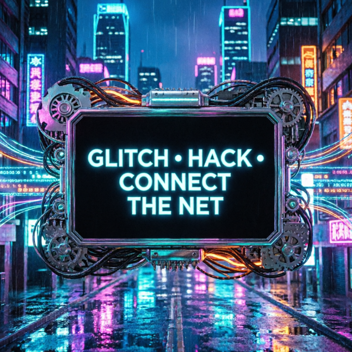 Against a rainy city street backdrop, a black display screen decorated with gears and cables floats, glowing cyan with text "GLITCH · HACK · CONNECT THE NET", full of futuristic tech and hacker culture vibes.
