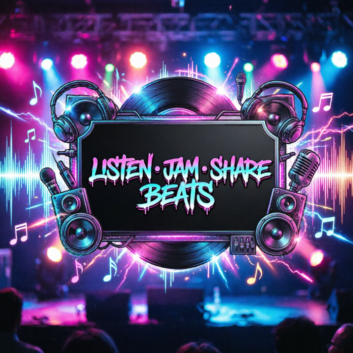 Against a vibrant stage light background, giant headphones and a vinyl record dominate the center. A black sign in the middle features graffiti-style text "LISTEN · JAM · SHARE BEATS", flanked by microphones and speakers with floating musical notes, full of rhythmic energy.