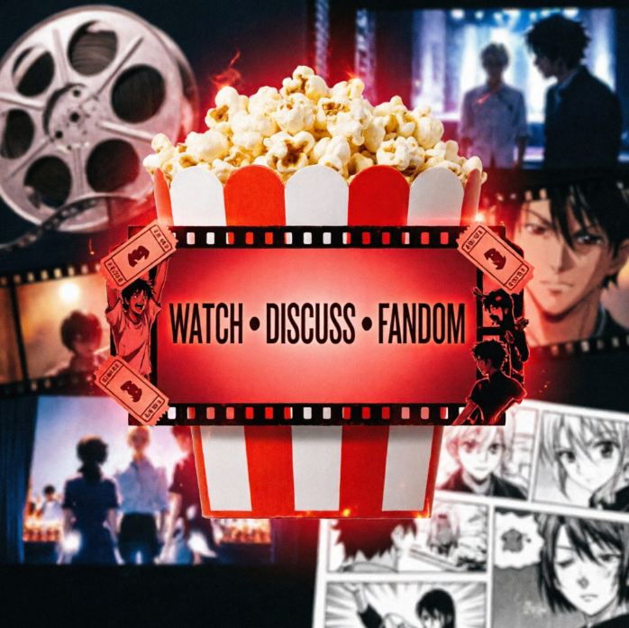 A red-and-white striped bucket filled with popcorn sits centrally, printed with "WATCH · DISCUSS · FANDOM". Surrounded by film reels, tickets, and anime character screenshots, it creates a lively movie-watching discussion atmosphere.