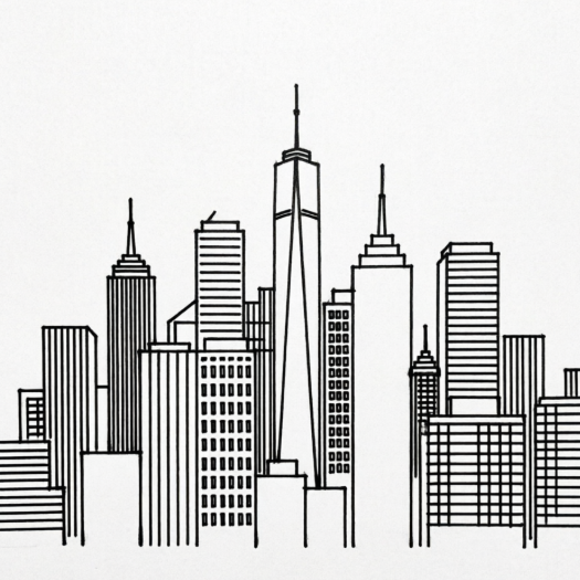 Black-and-white line drawing of a city skyline, tall buildings clustered together, central iconic skyscraper, orderly layout reflecting modern urban landscape.
