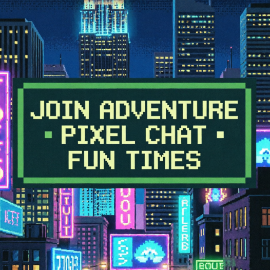 Against a dark blue neon cityscape, a large green-bordered pixel display floats in the center. The screen reads "JOIN ADVENTURE · PIXEL CHAT · FUN TIMES" in yellow pixel font, surrounded by glowing purple and blue signs, evoking a retro gaming atmosphere.