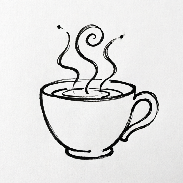 Black-and-white line drawing of a coffee cup with swirling steam rising, minimalist yet evocative of daily life.