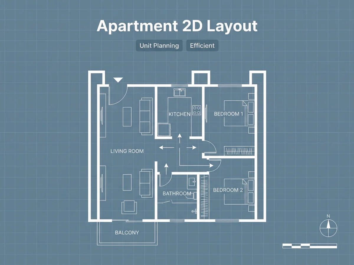 明確な部屋ラベルとシャープな建築ラインを持つ読みやすい2D間取り図