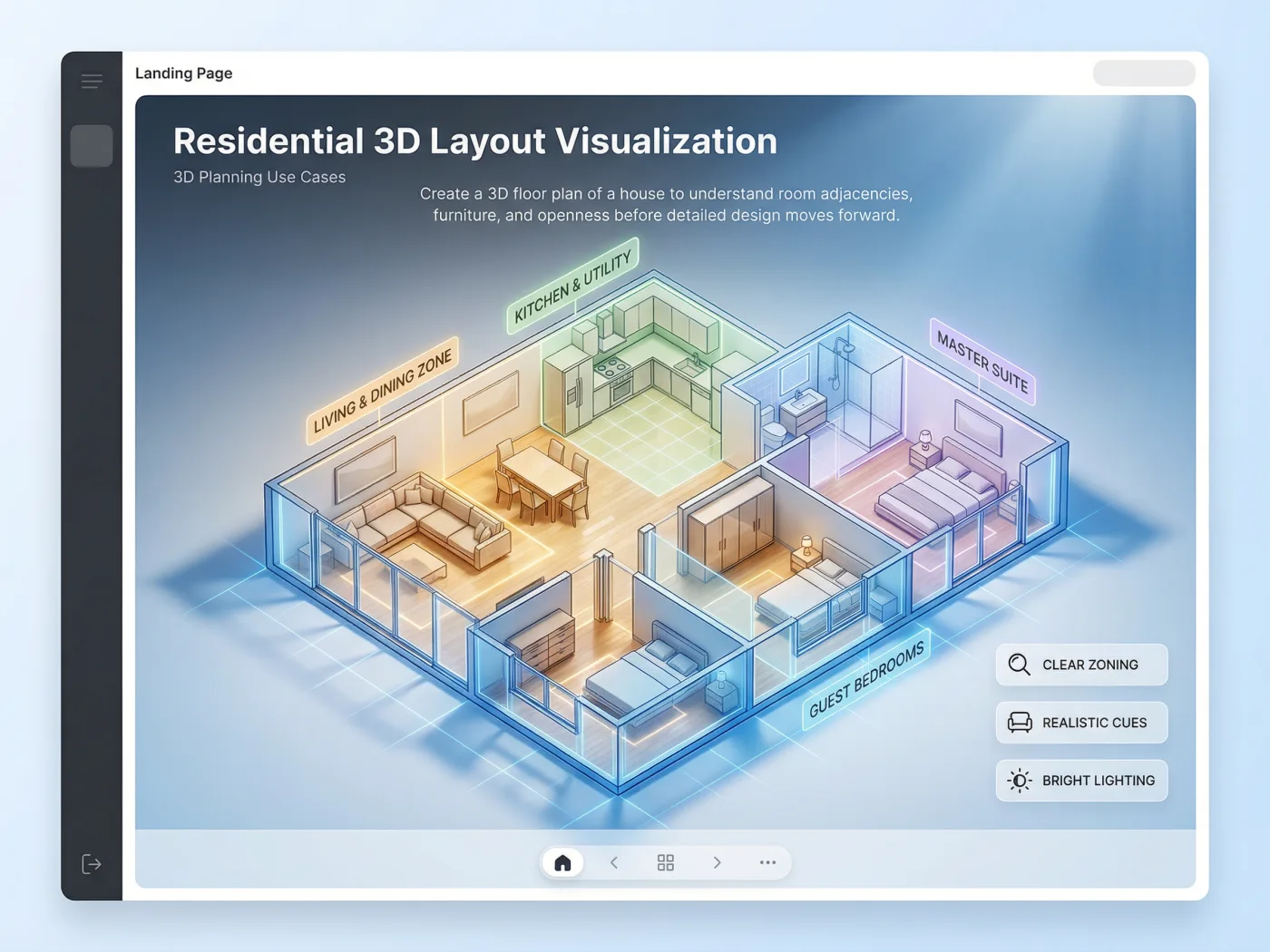 Visualización de plano 3D con zonificación clara de habitaciones y sugerencias realistas de muebles